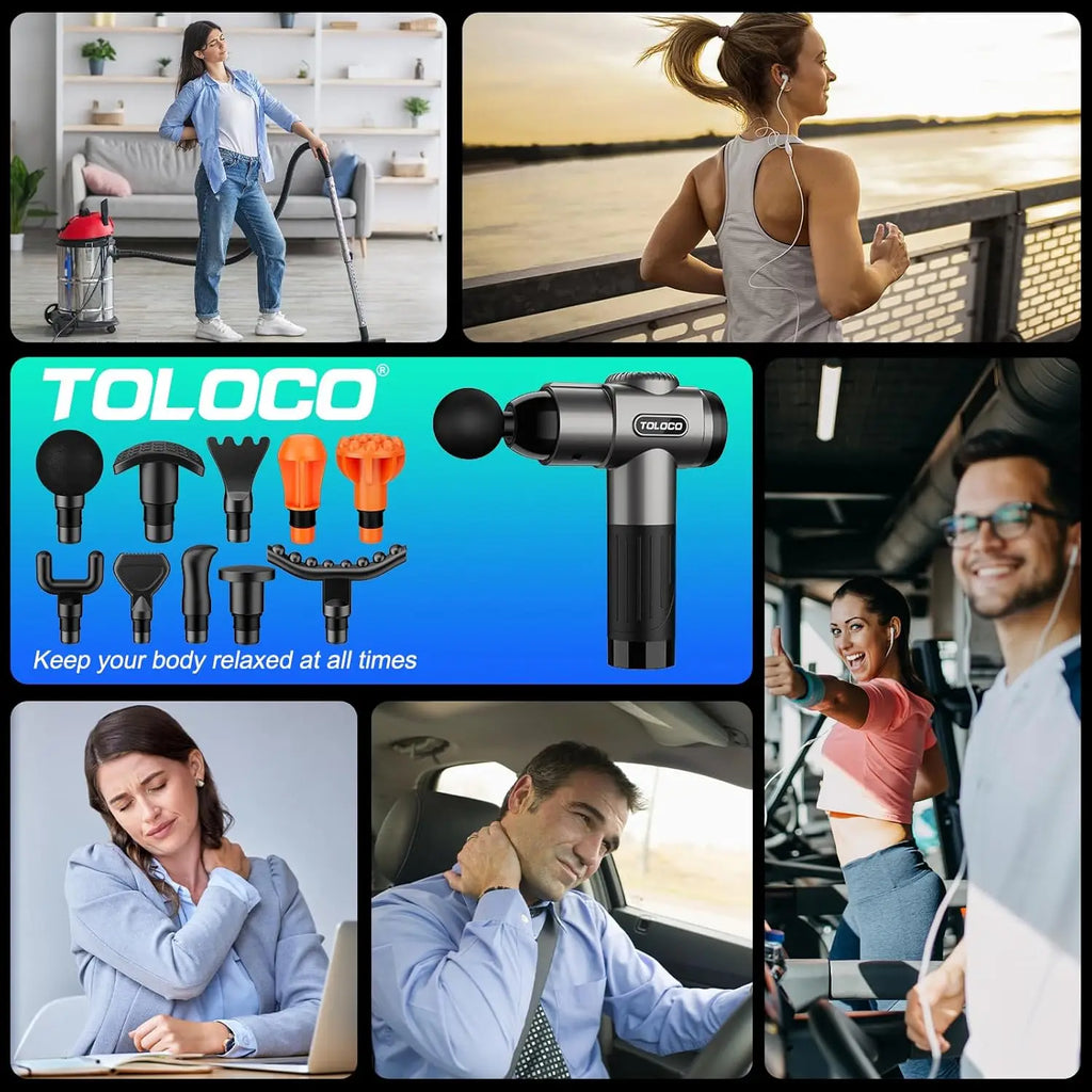 Deep tissue massage gun with 10 massage heads and a quiet motor, ideal for muscle relaxation and recovery.