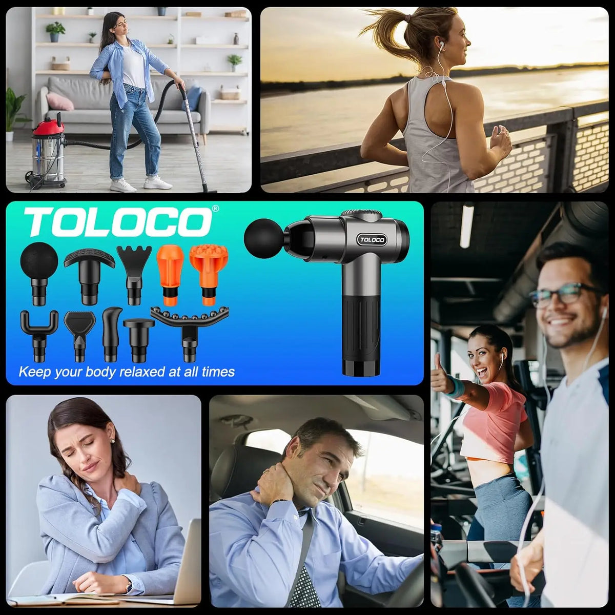 Deep tissue massage gun with 10 massage heads and a quiet motor, ideal for muscle relaxation and recovery.