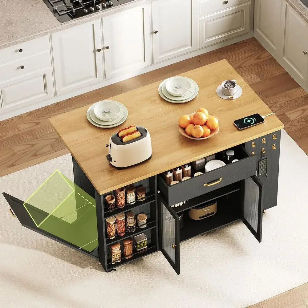 Functional kitchen island with drop leaf, rolling wheels, storage drawers, trash bin, and open shelves. Perfect for extra storage, prep space, or casual dining.