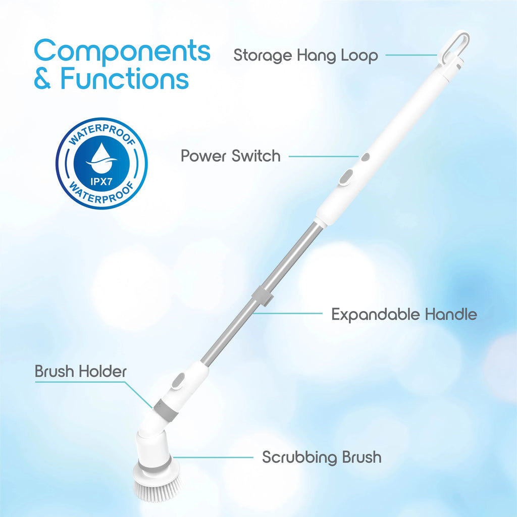 Cordless electric spin scrubber with 9 brush heads, 2 speeds, adjustable handle, and waterproof design.