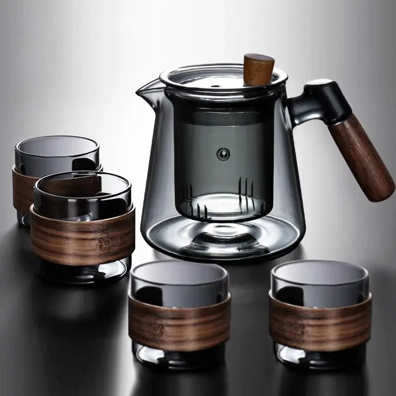 Glass Kung Fu Tea Pot – Heat-Resistant Brewing Teapot with Wooden Handle & Built-In Filter