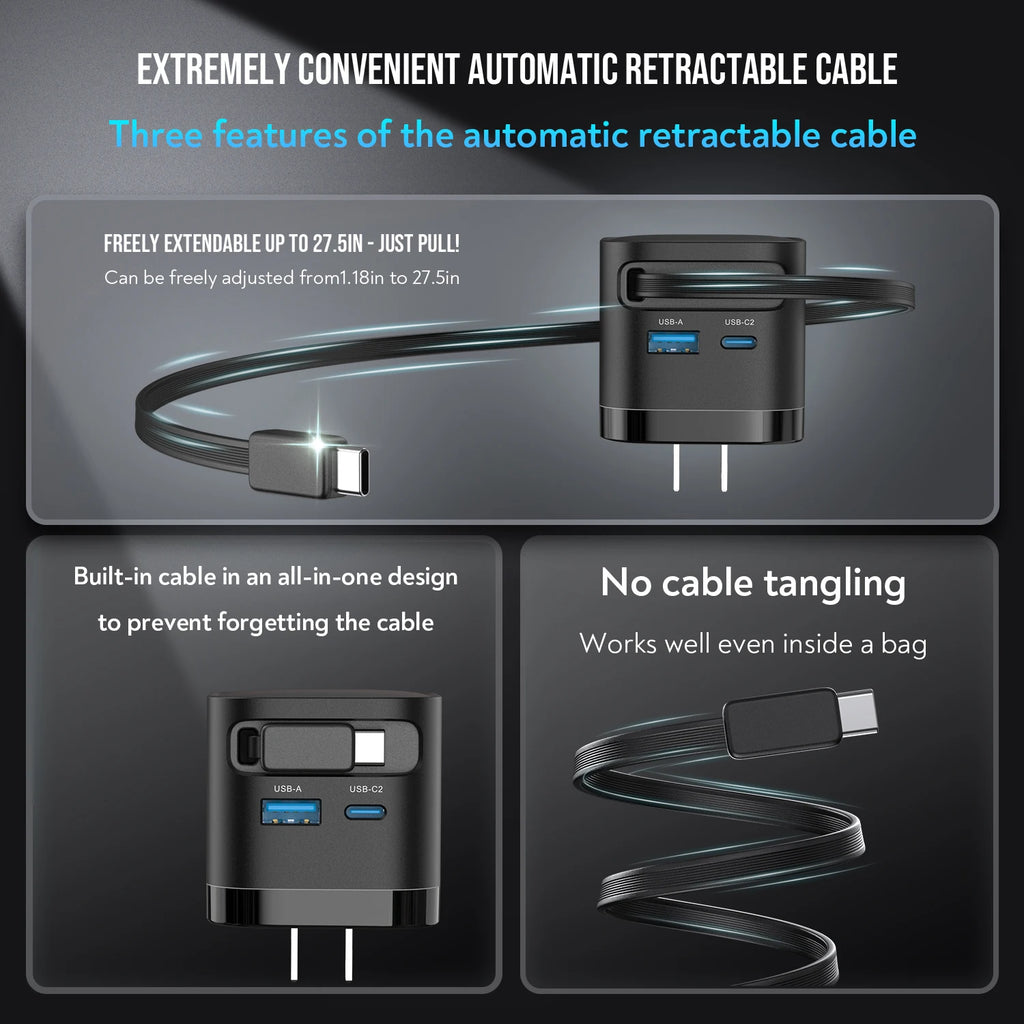 65W GaN Fast Charger with Retractable Cable