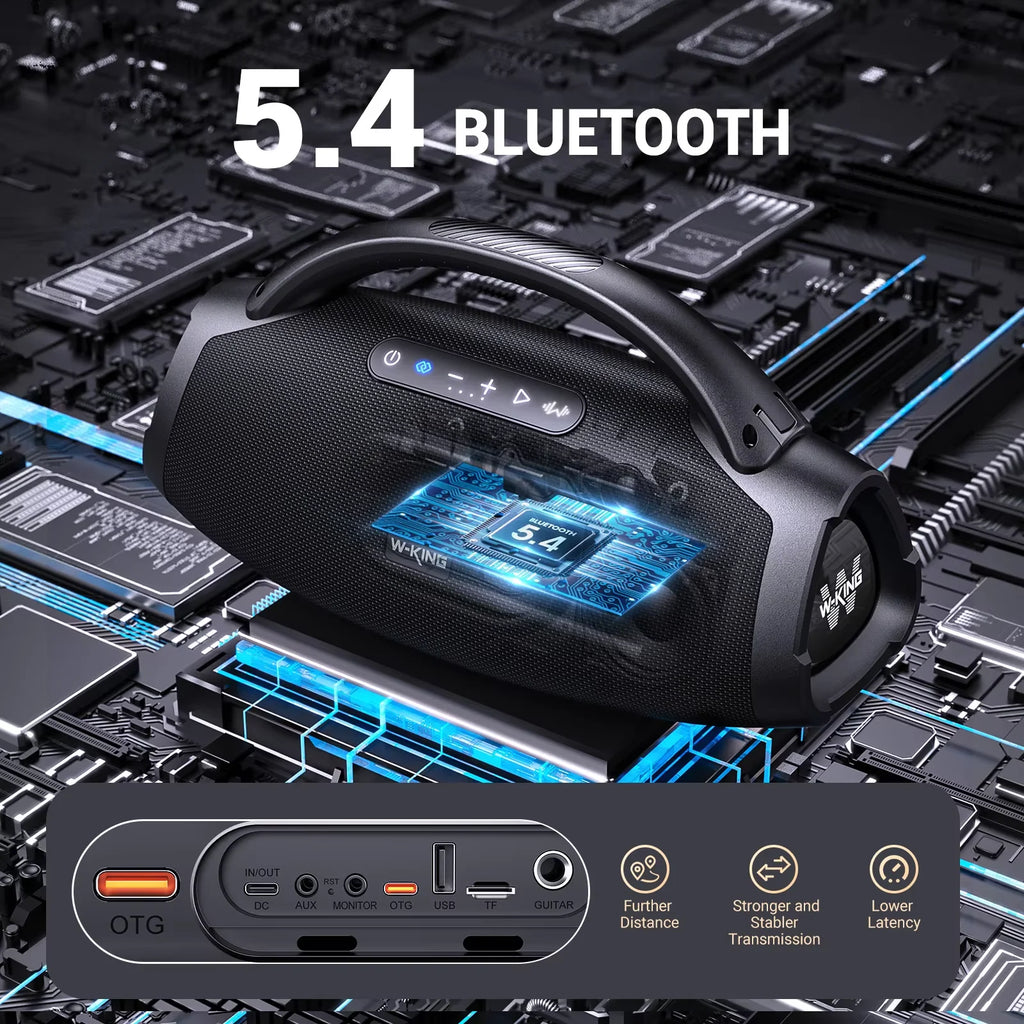 Portable 140W Bluetooth speaker with powerful bass, IPX7 waterproof protection, and a convenient carrying strap.