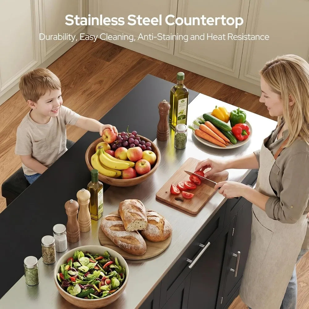 71" Kitchen Island with Seating, Folding Drop Leaf, and Stainless Steel Countertop