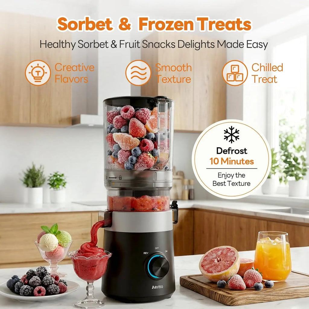 3-in-1 Cold Press Juicer for fresh juice, nut milk, and sorbet. Features a 6-inch extra-large feed chute, filter-free design, high juice yield, and easy cleaning.