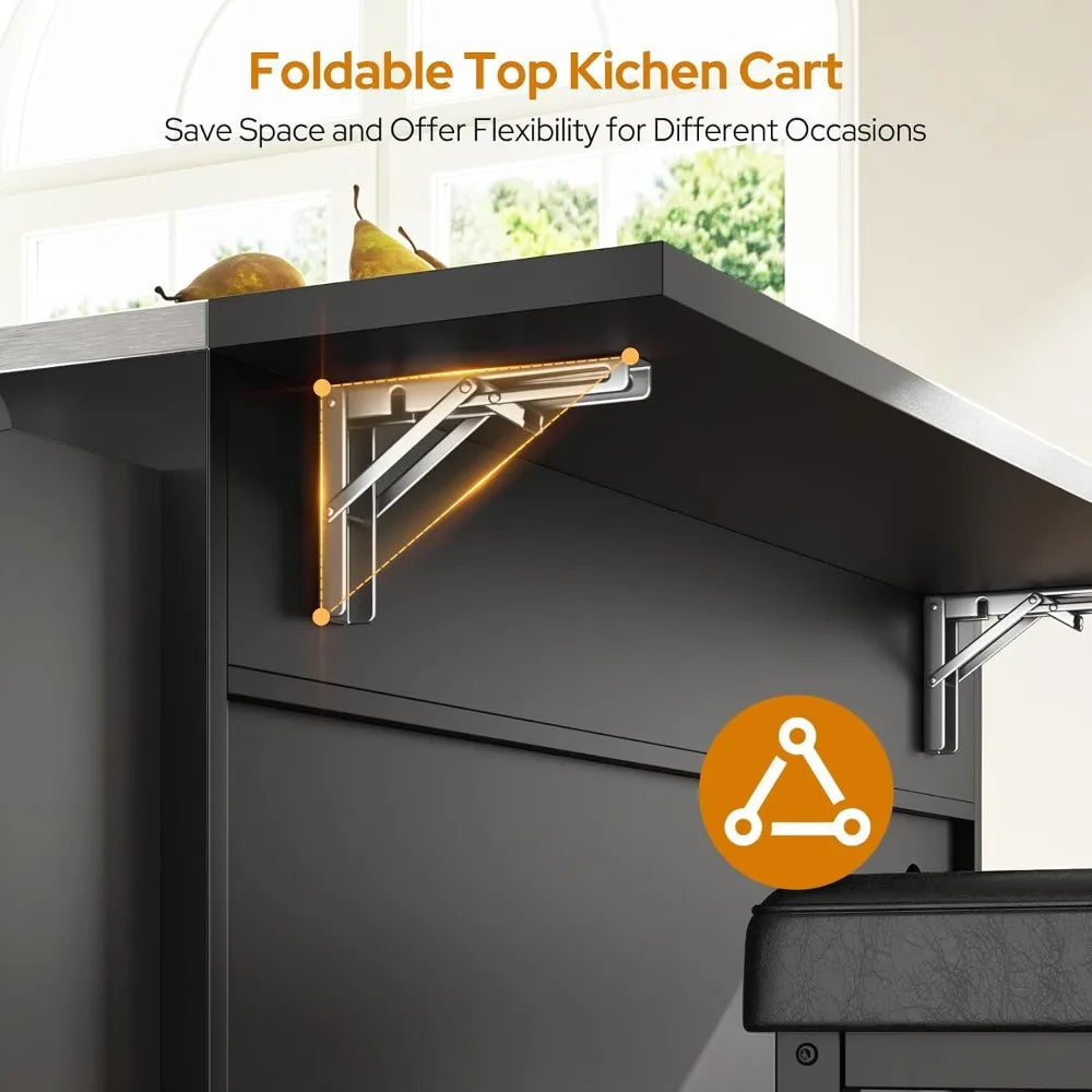 71" Kitchen Island with Seating, Folding Drop Leaf, and Stainless Steel Countertop