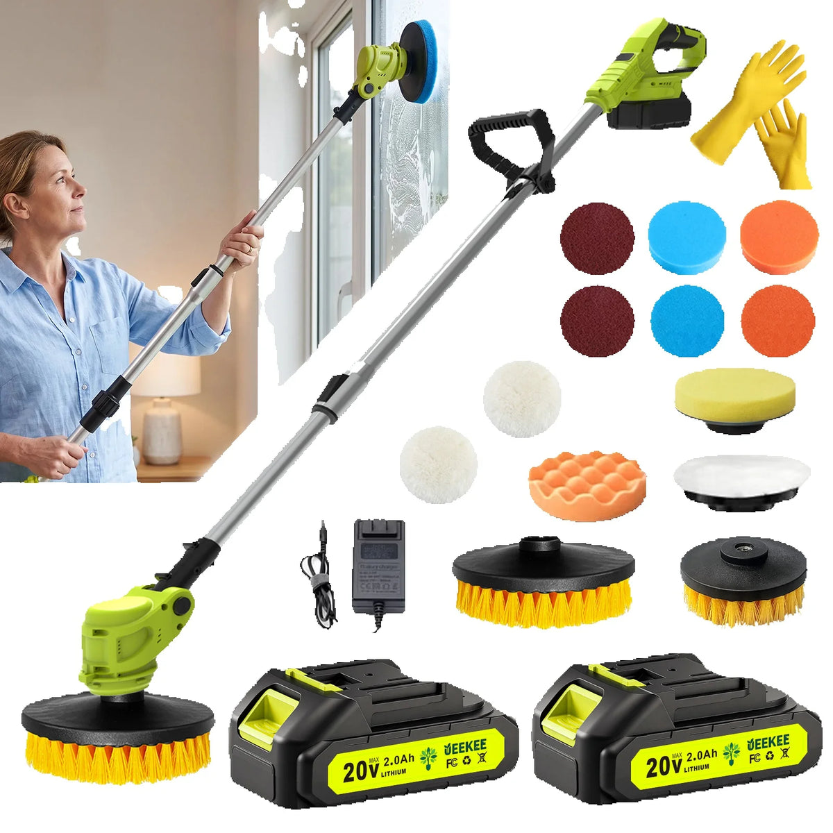 Cordless electric cleaning brush with an adjustable rotating handle and two rechargeable batteries for convenient cleaning.