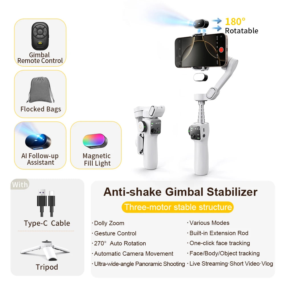 AOCHUAN 3-Axis Phone Gimbal Stabilizer with Extension Rod & Face Tracking