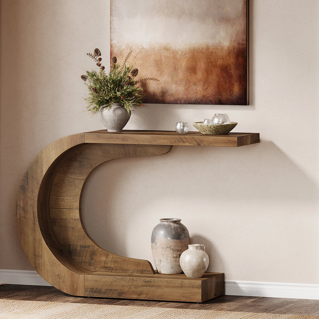 Add a modern touch to your home with this 43.3-inch mid-century console table. Its unique C-shaped design is perfect for entryways, hallways, or living rooms, offering both style and functionality.