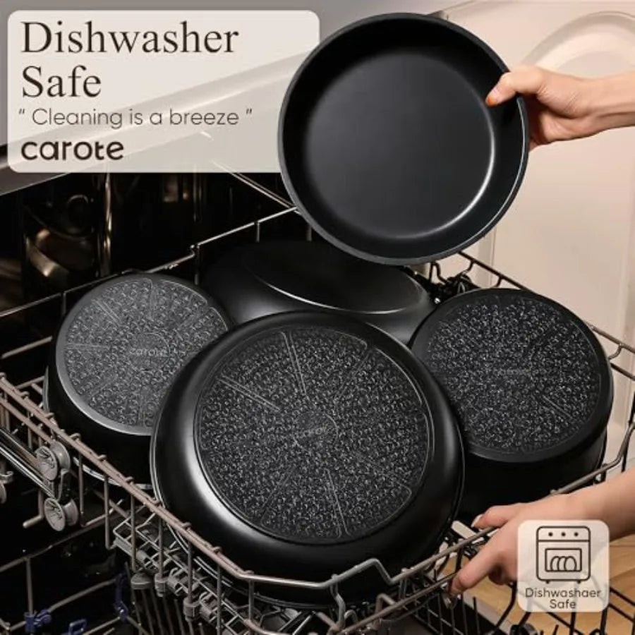 Nonstick Cookware Set with detachable handles for easy storage and versatile cooking. Compatible with induction, oven-safe, and dishwasher-safe for everyday convenience.