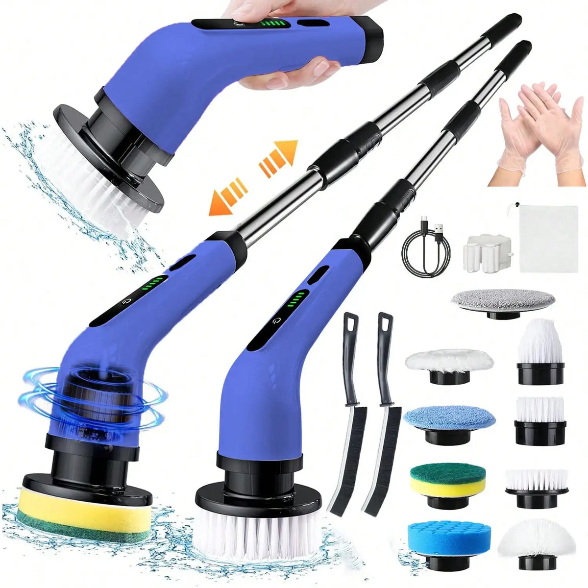 Rechargeable electric rotary scrubber with 9 brush heads, 2 speeds, adjustable handle, and waterproof design for easy cleaning.