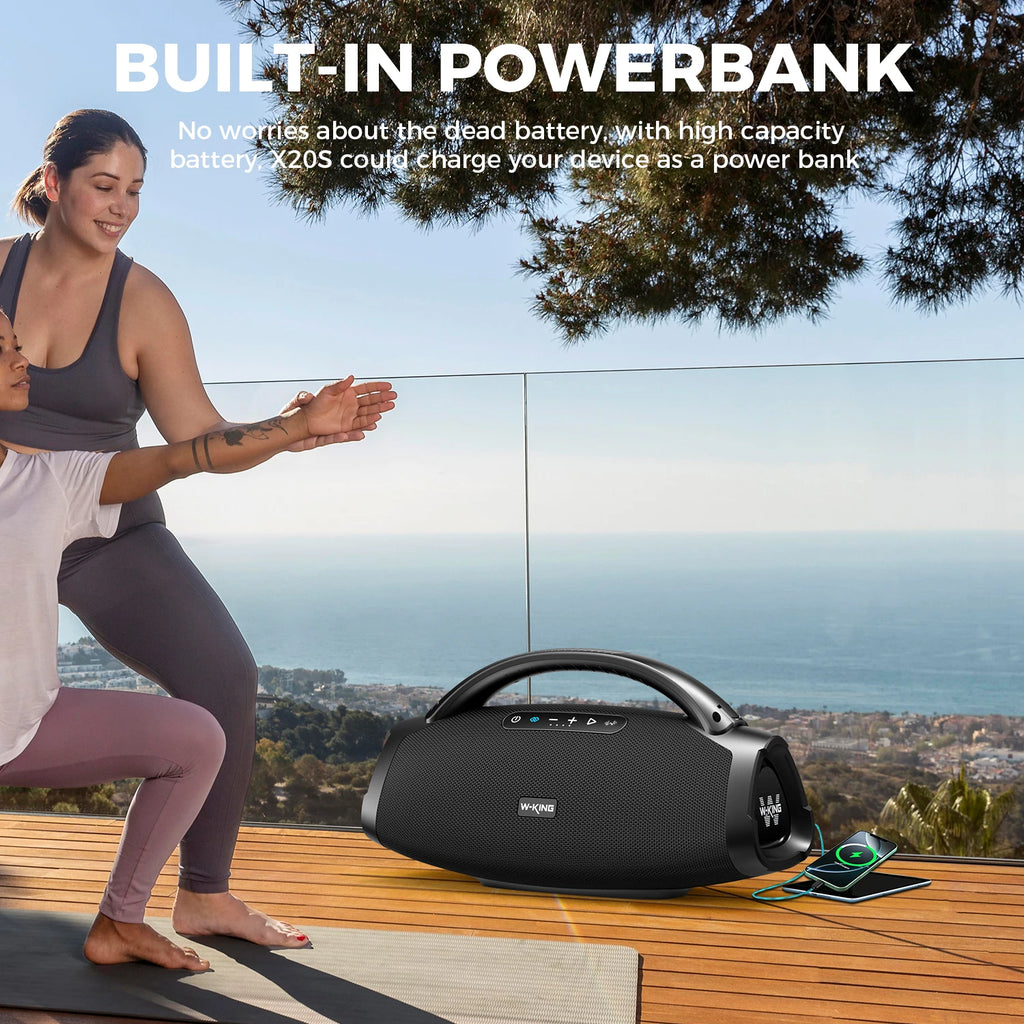 Portable 140W Bluetooth speaker with powerful bass, IPX7 waterproof protection, and a convenient carrying strap.
