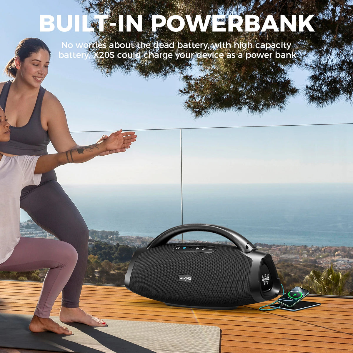 Portable 140W Bluetooth speaker with powerful bass, IPX7 waterproof protection, and a convenient carrying strap.