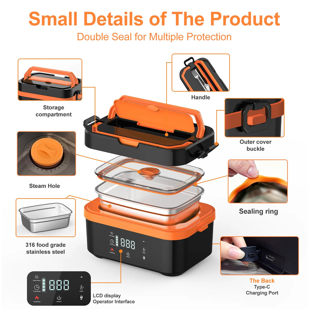 Cordless Heated Lunch Box Pro with a 30,000mAh rechargeable battery, 100W fast heating, and smart temperature control up to 221°F. Includes an insulated bag, perfect for work, travel, and camping.