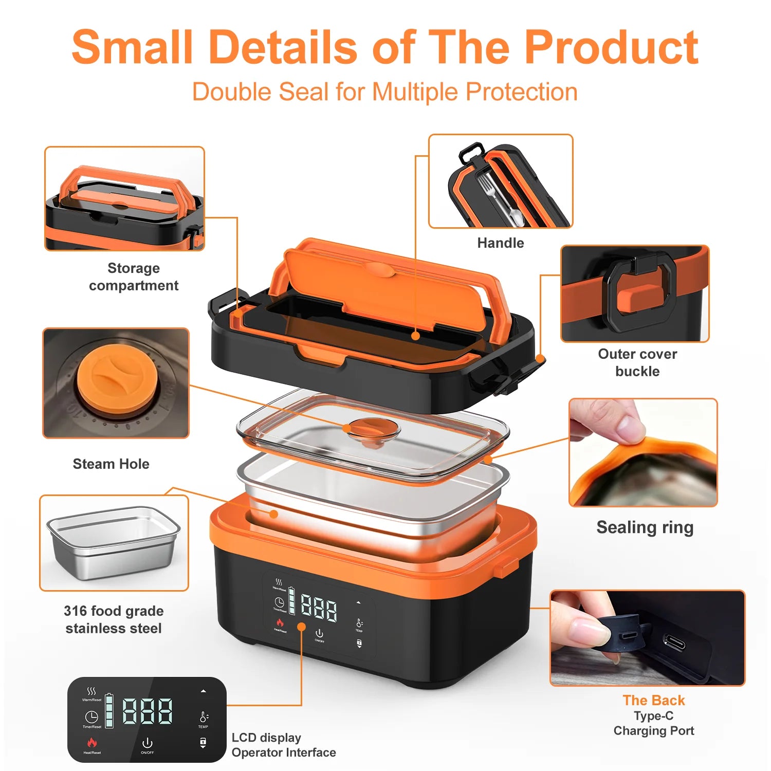Cordless Heated Lunch Box Pro with a 30,000mAh rechargeable battery, 100W fast heating, and smart temperature control up to 221°F. Includes an insulated bag, perfect for work, travel, and camping.