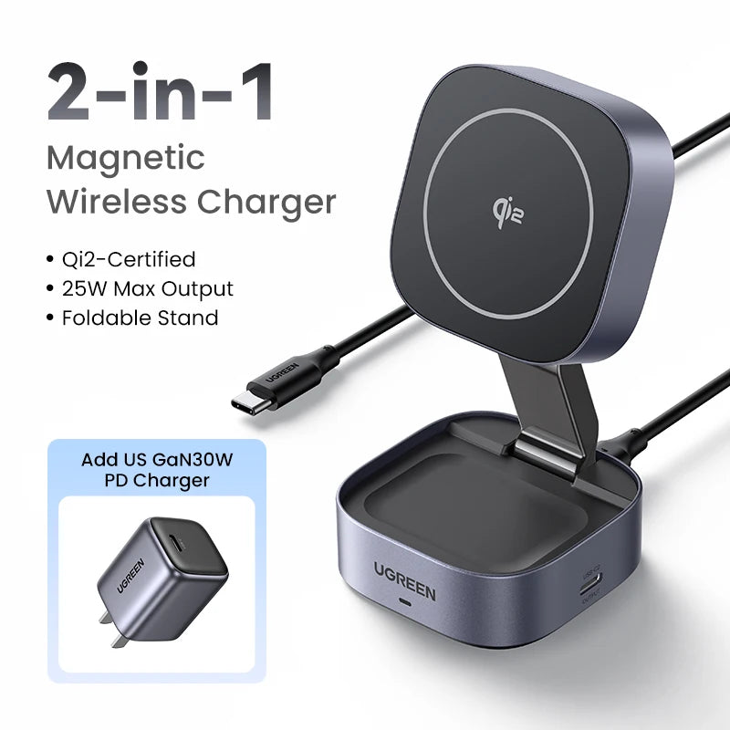 UGREEN 15W 2-in-1 magnetic wireless charger for fast and convenient charging of iPhone and AirPods.