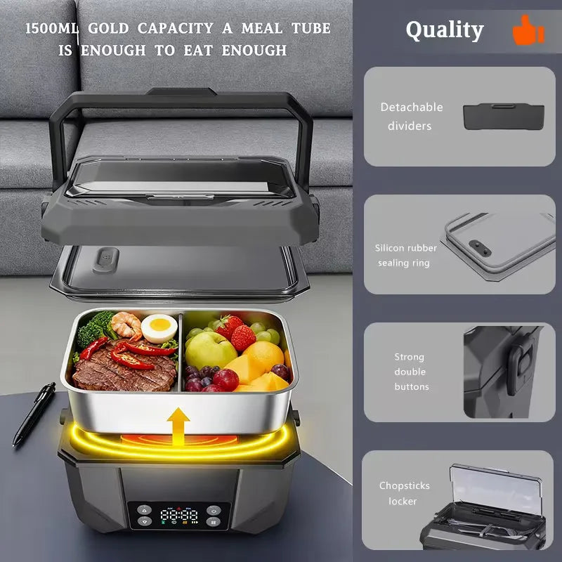 Portable 1500ML electric lunch box with USB charging and display screen, ideal for keeping food warm at home, work, or while traveling.