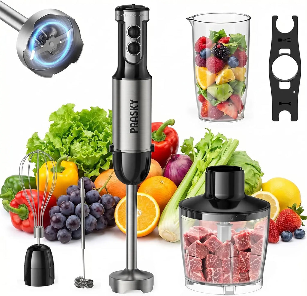 1200W 5-in-1 Variable Speed Hand Blender Kit
Blend, chop, whisk, and froth with 1200W of precision power. This 20-speed immersion blender comes with a full suite of interchangeable accessories for ultimate kitchen versatility.