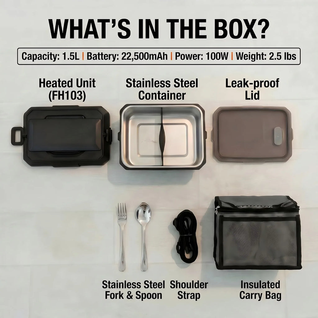 Portable 1500ML electric lunch box with USB charging, display screen, and timer for convenient food heating anywhere.