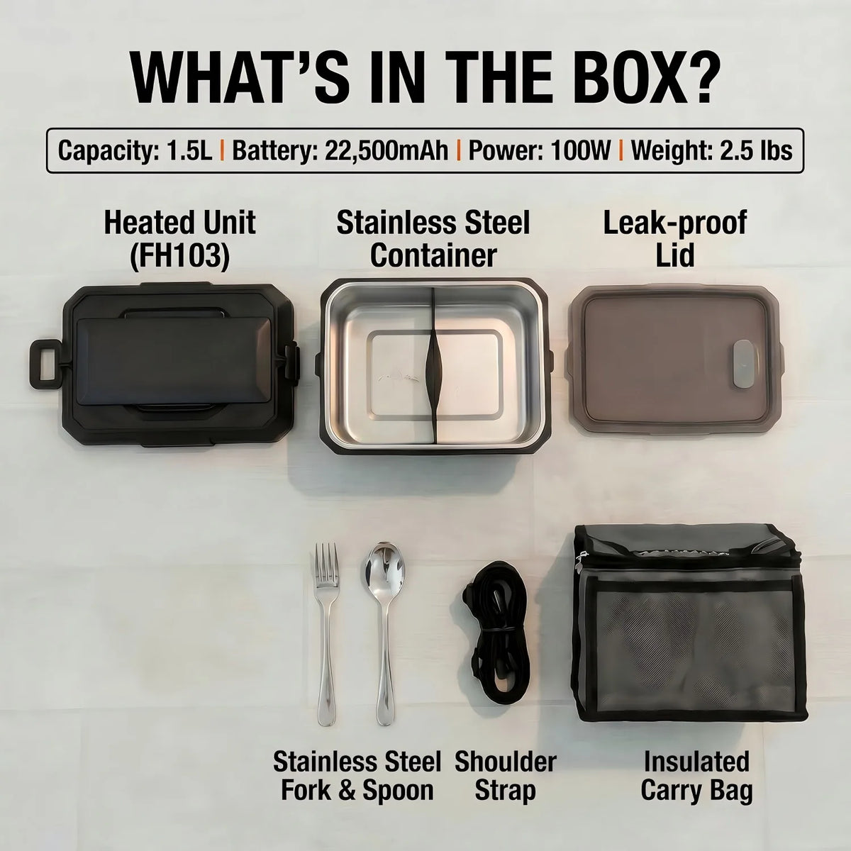 Portable 1500ML electric lunch box with USB charging, display screen, and timer for convenient food heating anywhere.