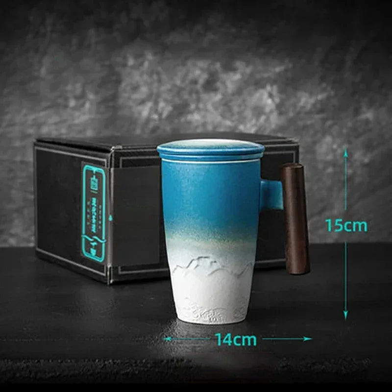 Luxury Retro Ceramic Tea Mug – Large Capacity Cup with Filter, Lid & Wooden Handle, Gift Box