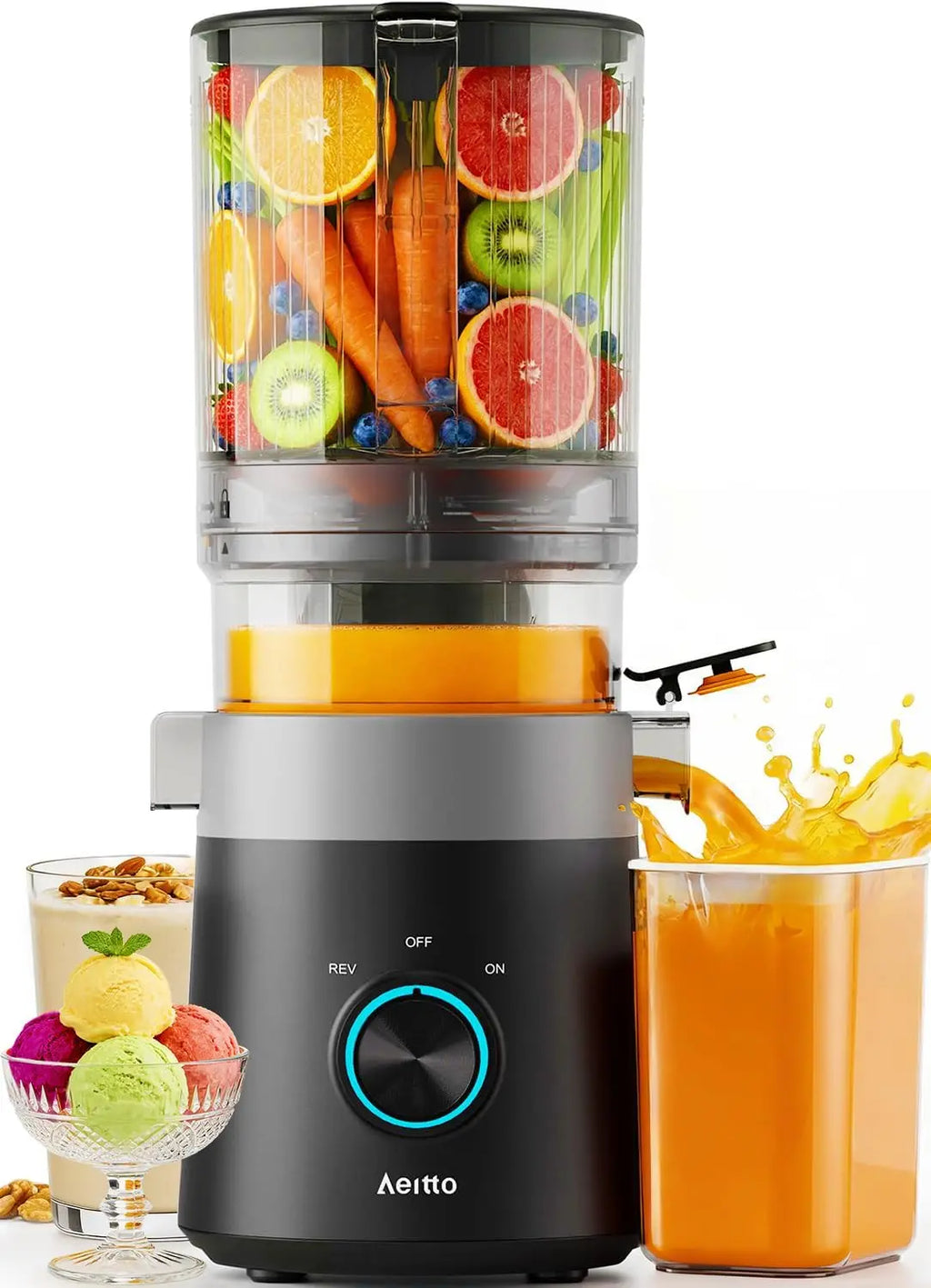 3-in-1 Cold Press Juicer for fresh juice, nut milk, and sorbet. Features a 6-inch extra-large feed chute, filter-free design, high juice yield, and easy cleaning.