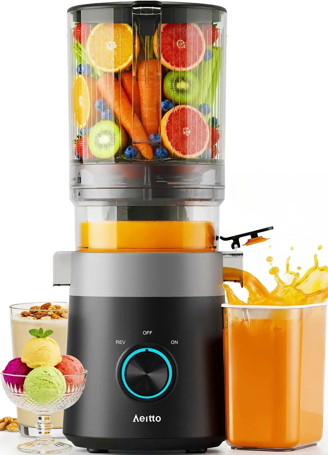 3-in-1 Cold Press Juicer for fresh juice, nut milk, and sorbet. Features a 6-inch extra-large feed chute, filter-free design, high juice yield, and easy cleaning.