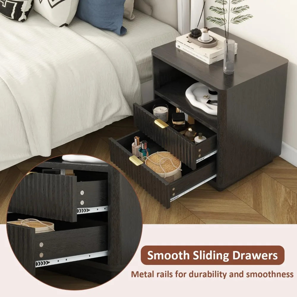 Modern Fluted Wood Nightstands (Set of 2)