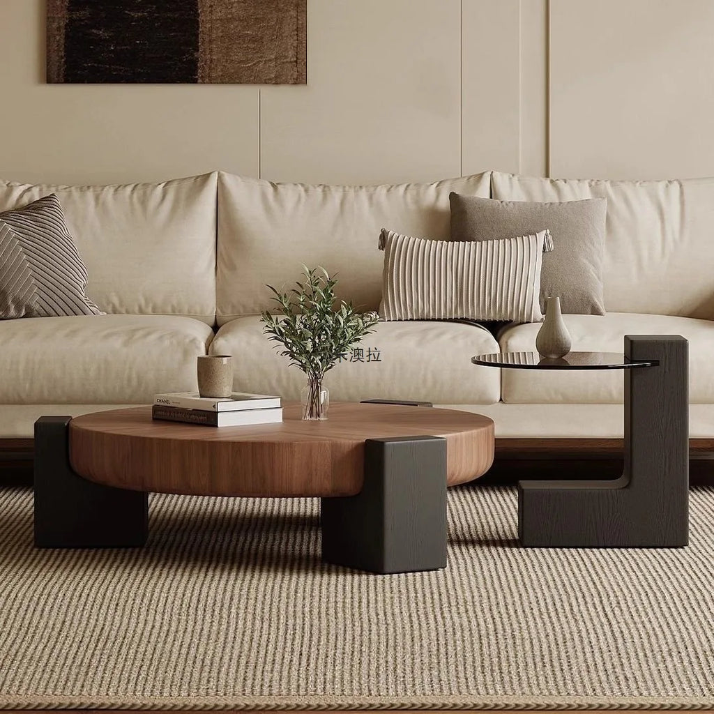 Italian Minimalist Round Coffee Table – Luxury Walnut Designer Table for Modern Living Rooms & Apartments