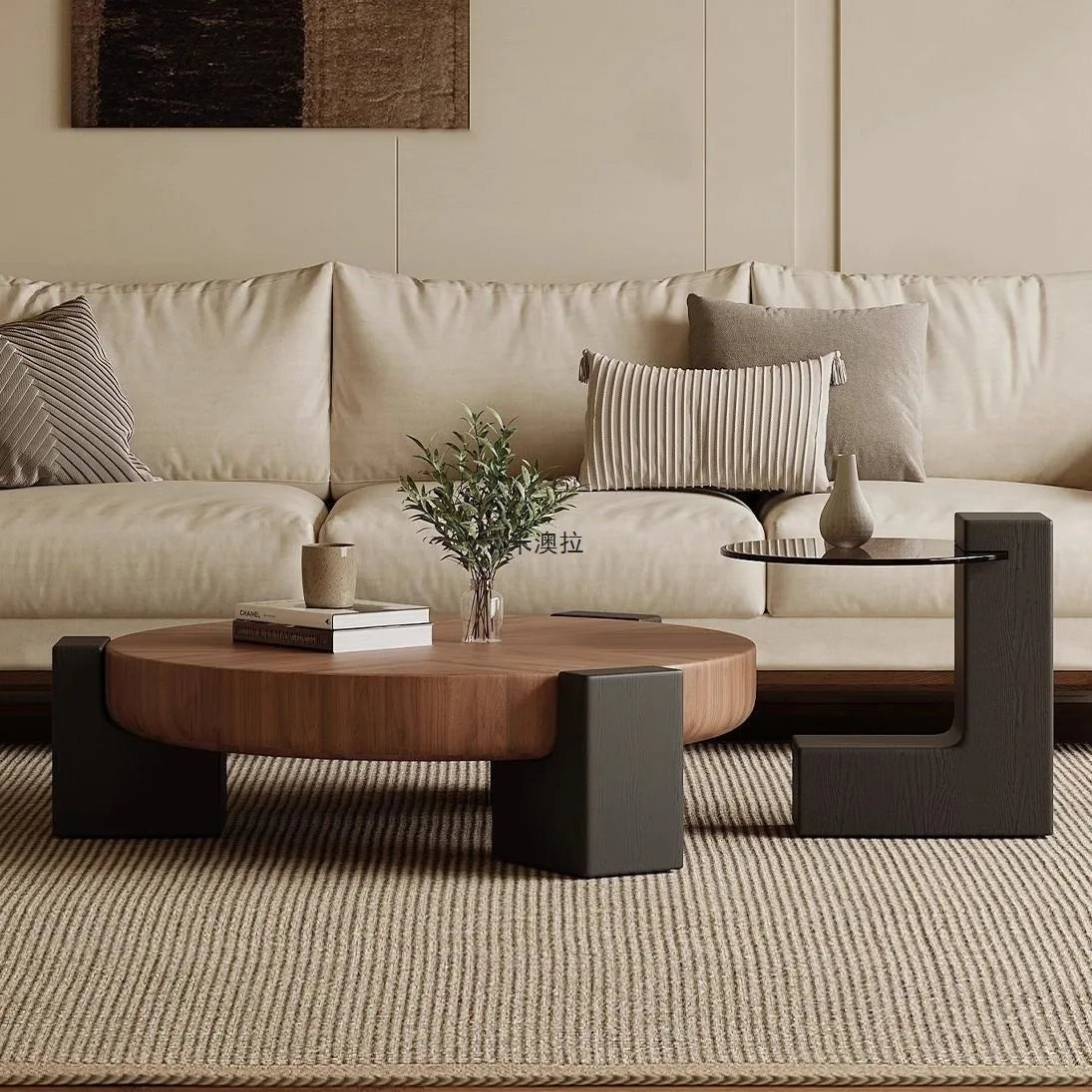 Italian Minimalist Round Coffee Table – Luxury Walnut Designer Table for Modern Living Rooms & Apartments
