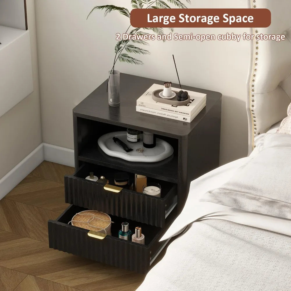 Modern Fluted Wood Nightstands (Set of 2)