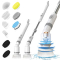 Cordless electric spin scrubber with 9 brush heads, 2 speeds, adjustable handle, and waterproof design.