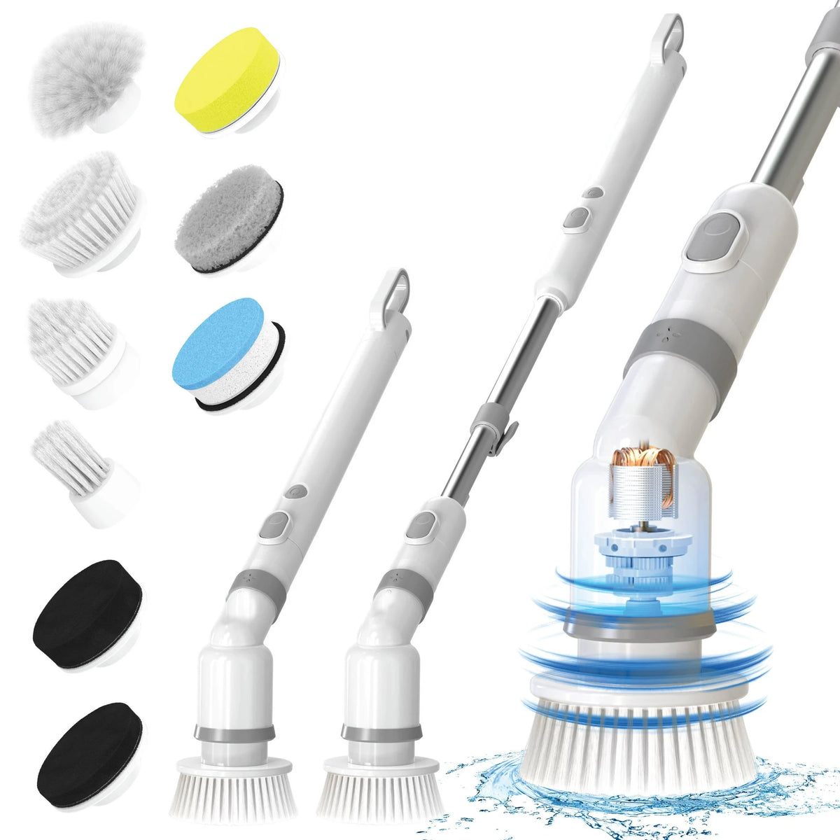 Cordless electric spin scrubber with 9 brush heads, 2 speeds, adjustable handle, and waterproof design.