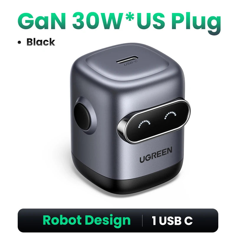 Compact UGREEN GaN fast charger with up to 100W 65W 30W power, designed for phones, tablets, and laptops.