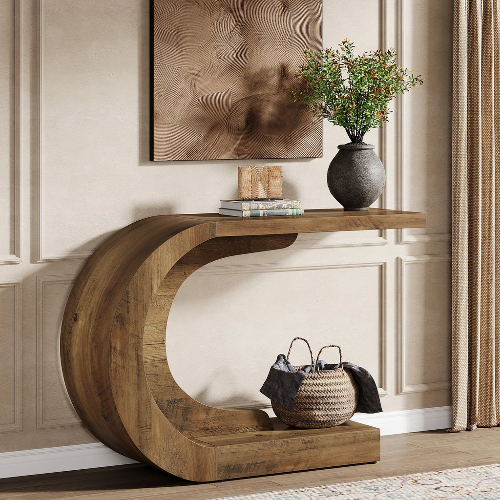 Add a modern touch to your home with this 43.3-inch mid-century console table. Its unique C-shaped design is perfect for entryways, hallways, or living rooms, offering both style and functionality.