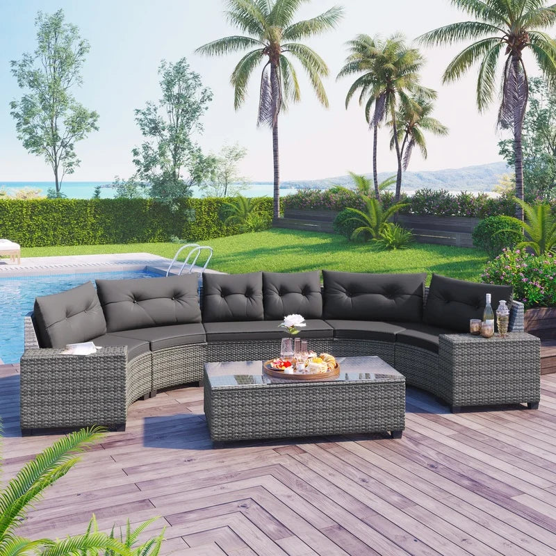 8-Piece Outdoor Wicker Round Sofa Set with Half-Moon Sectional, All-Weather PE Rattan, Curved Layout, Rectangular Coffee Table, Movable Gray Cushions