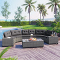8-Piece Outdoor Wicker Round Sofa Set with Half-Moon Sectional, All-Weather PE Rattan, Curved Layout, Rectangular Coffee Table, Movable Gray Cushions