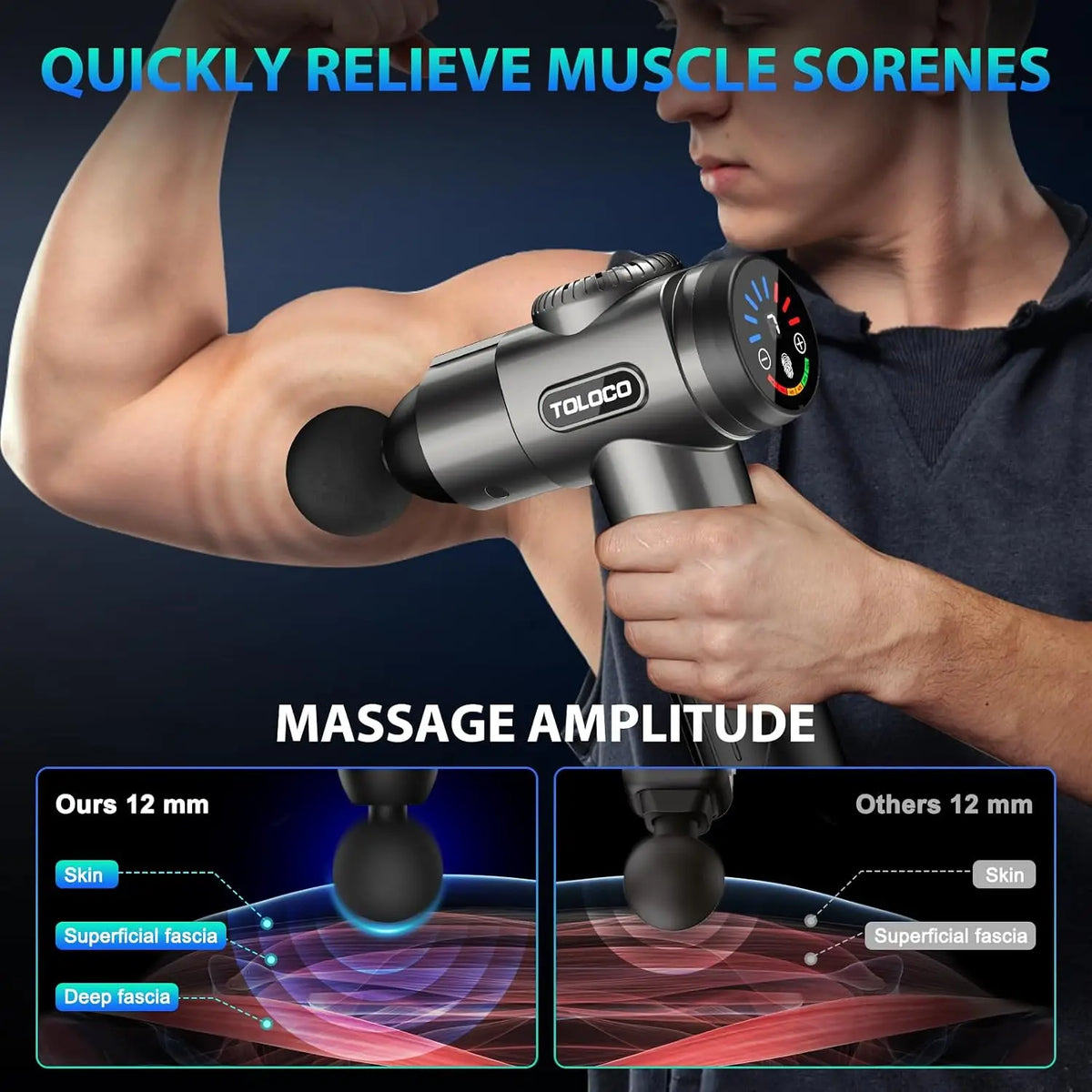 Deep tissue massage gun with 10 massage heads and a quiet motor, ideal for muscle relaxation and recovery.