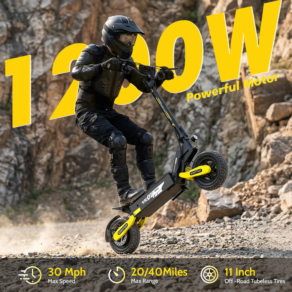 EOEOTWO 1200W Foldable Off-Road E-Scooter
Hit the trails at 30 MPH. This high-speed adult scooter packs a 48V long-range battery and rugged 11-inch tubeless tires into a durable, folding frame.