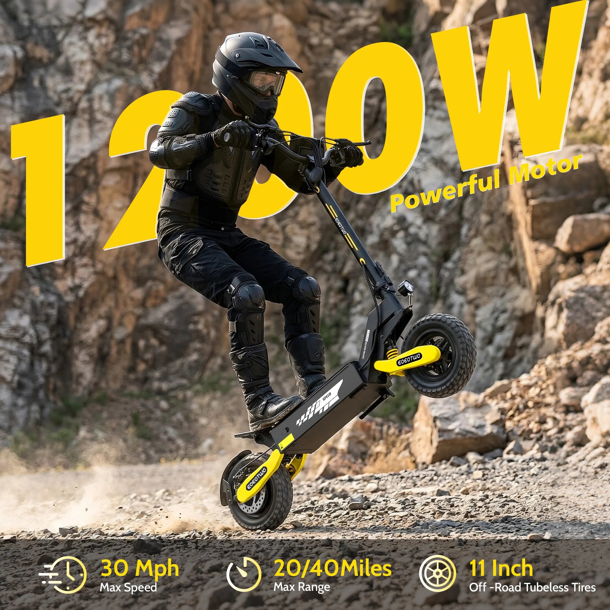 EOEOTWO 1200W Foldable Off-Road E-Scooter
Hit the trails at 30 MPH. This high-speed adult scooter packs a 48V long-range battery and rugged 11-inch tubeless tires into a durable, folding frame.