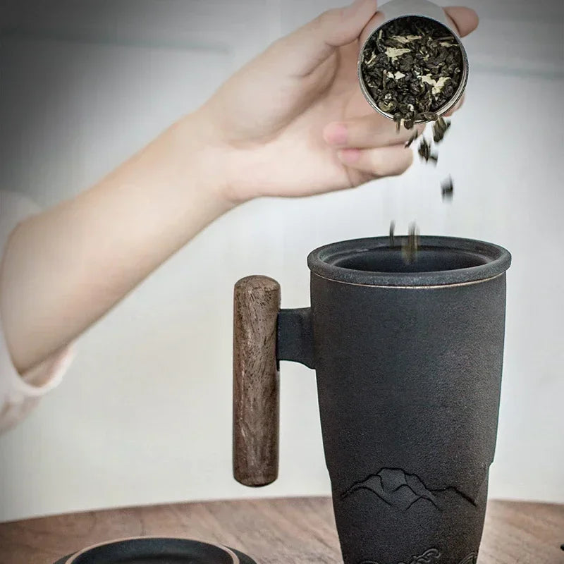 Luxury Retro Ceramic Tea Mug – Large Capacity Cup with Filter, Lid & Wooden Handle, Gift Box