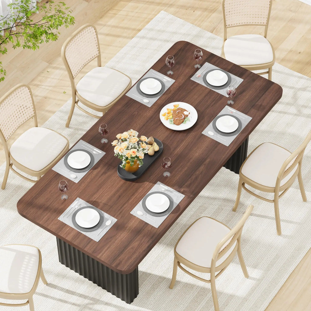 71" Modern Wooden Dining Table with Fluted Metal Legs
A stunning blend of rustic and industrial design. This spacious farmhouse table comfortably seats up to 8 people, making it the perfect centerpiece for your dining room or workspace.