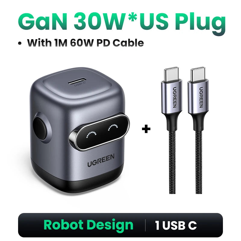 Compact UGREEN GaN fast charger with up to 100W 65W 30W power, designed for phones, tablets, and laptops.