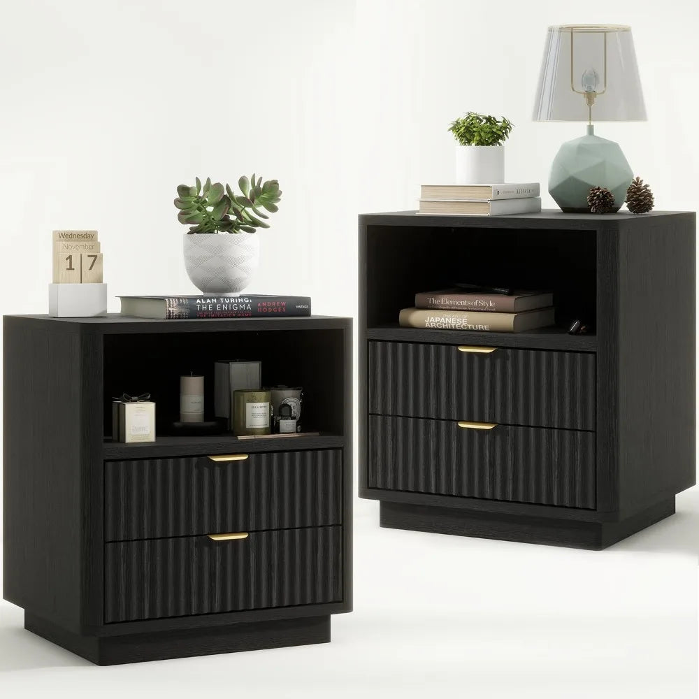 Modern Fluted Wood Nightstands (Set of 2)