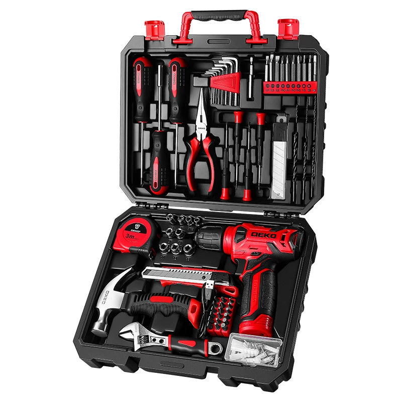 DEKO Kit de Herramientas de 126 piezas con taladro inalámbrico de 8V. Incluye herramientas esenciales para reparaciones y proyectos del hogar, con un diseño compacto y práctico, ideal para uso doméstico y bricolaje.