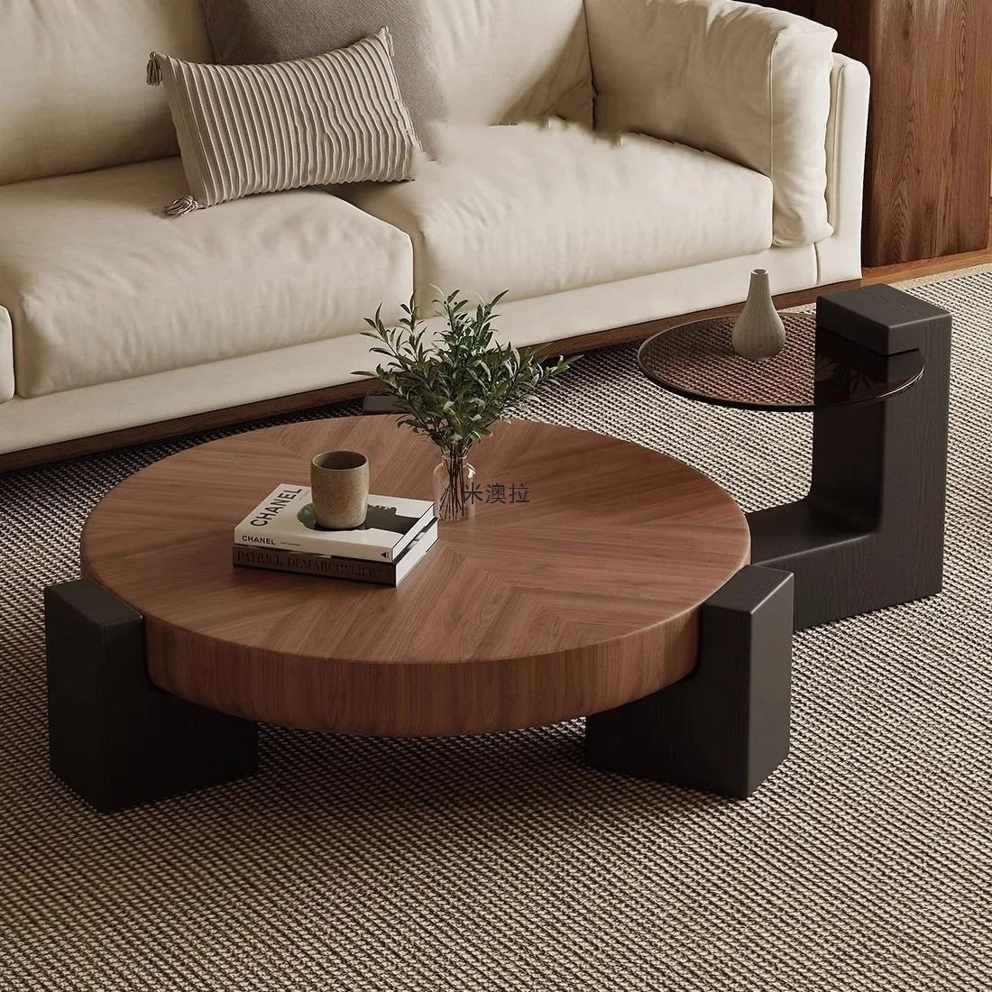 Italian Minimalist Round Coffee Table – Luxury Walnut Designer Table for Modern Living Rooms & Apartments