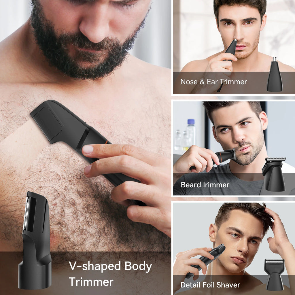 4-in-1 electric grooming kit with beard, nose, and body trimmers, featuring an IPX6 waterproof design.
