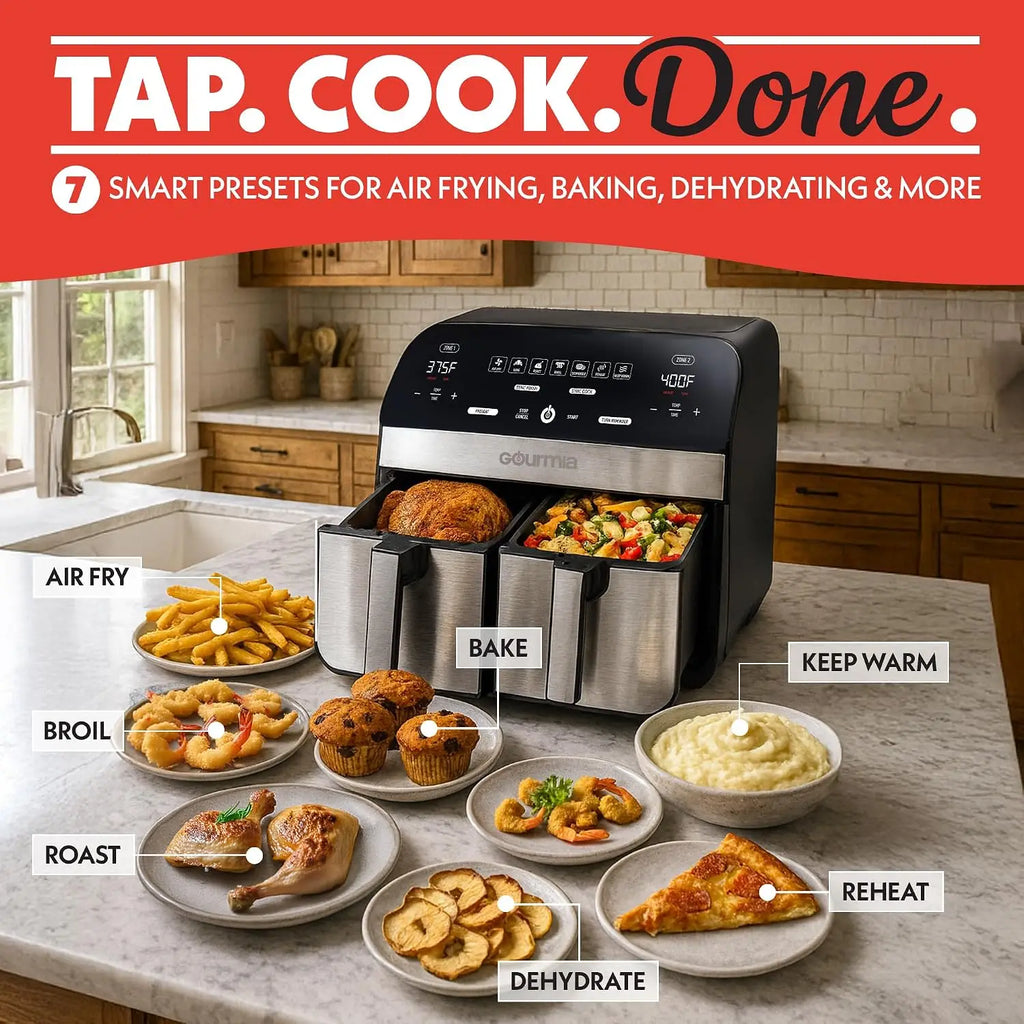 10 Qt Dual Zone Smart Air Fryer
Double your cooking efficiency. Prepare two foods two ways and sync them to finish simultaneously. Complete with 7 presets and dishwasher-safe parts, making family dinners easier than ever.