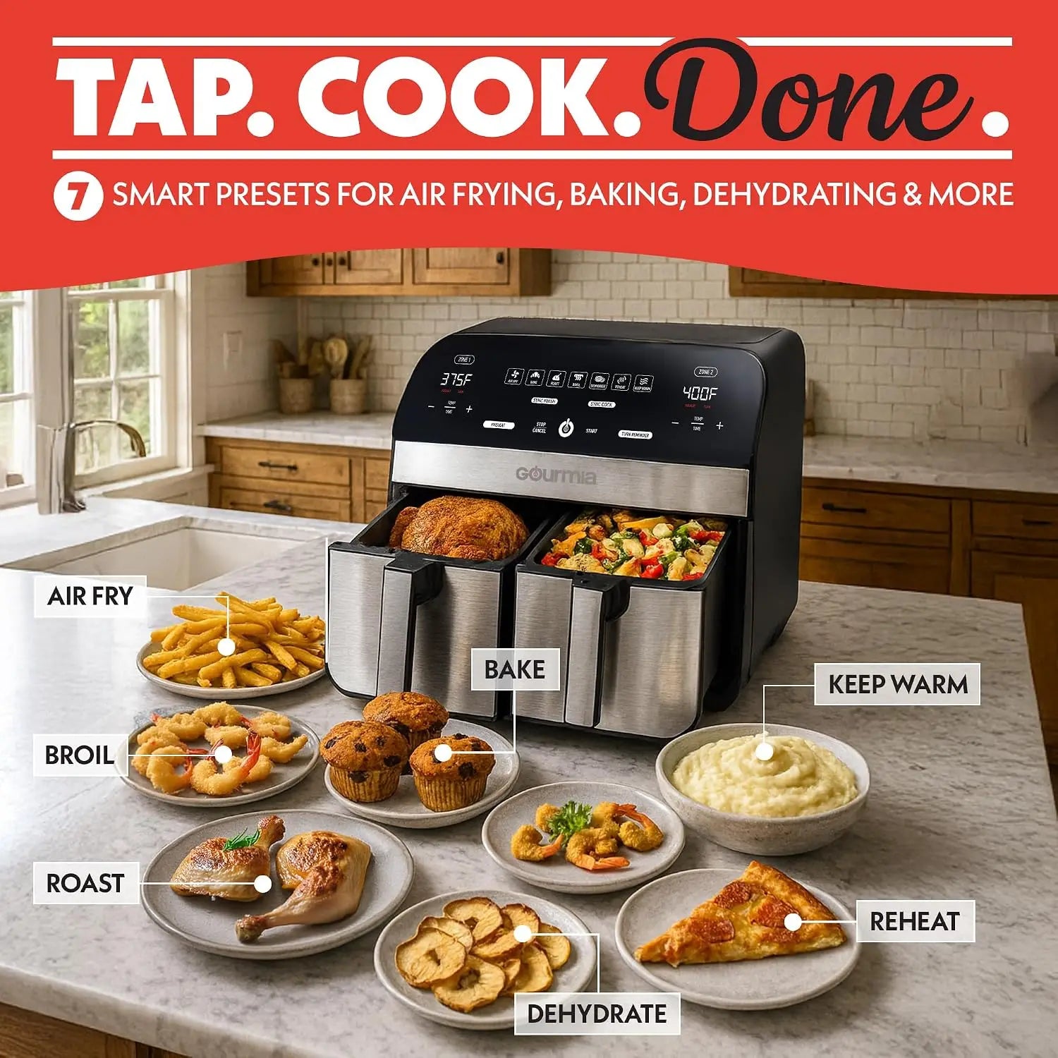10 Qt Dual Zone Smart Air Fryer
Double your cooking efficiency. Prepare two foods two ways and sync them to finish simultaneously. Complete with 7 presets and dishwasher-safe parts, making family dinners easier than ever.