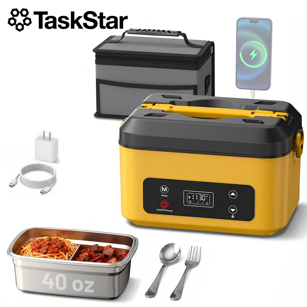 Portable heated lunch box with a 40oz stainless steel container, leakproof design, and built-in power bank for work, school, or travel.